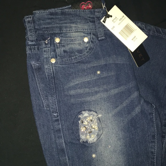 Pink Velvet Beaded Jeans for Girls - Picture 2 of 4